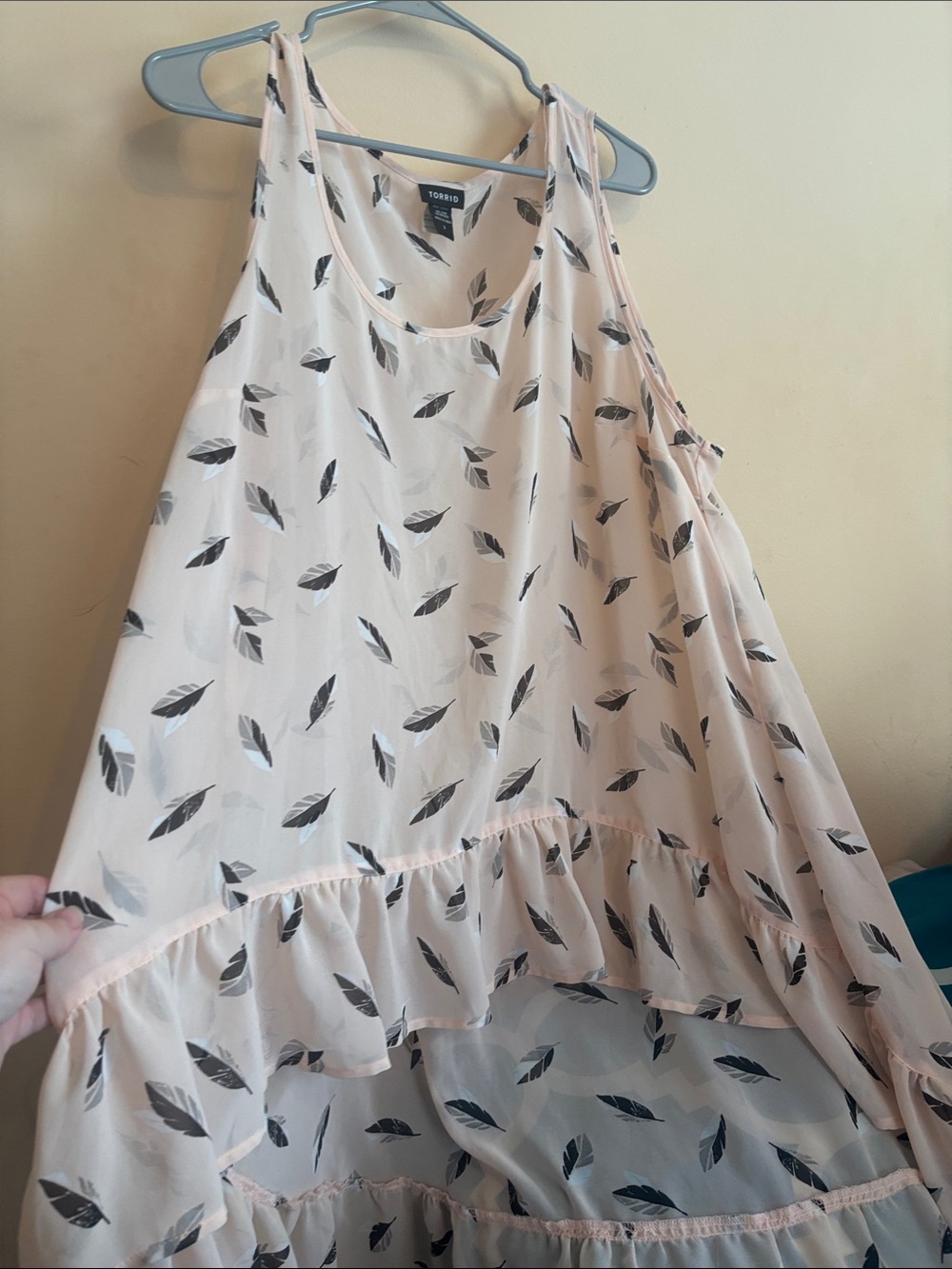 torrid Pale Pink Feather-Print Ruffle Hem Blouse with longer back
